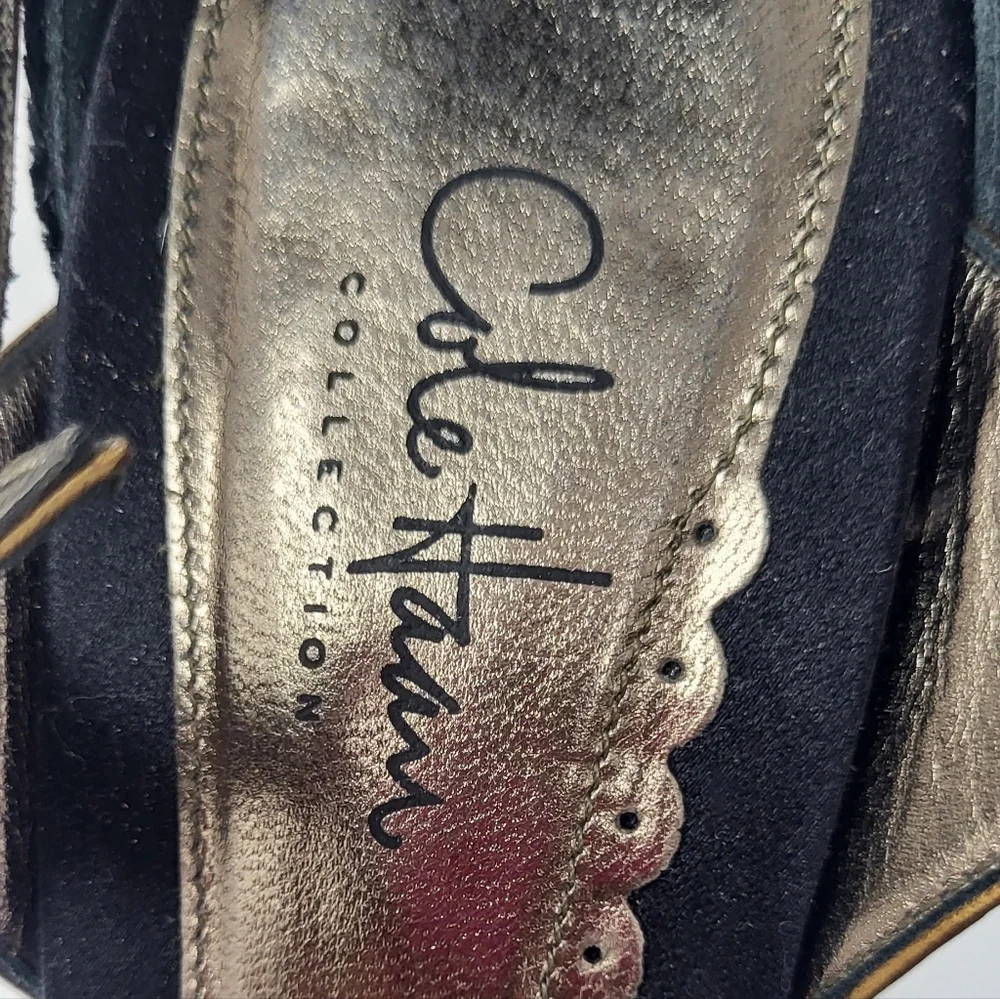 Cole Haan Black Velvet & Brassy Gold Open Toe Stilletto T-Strap Heels - Picture 14 of 16
